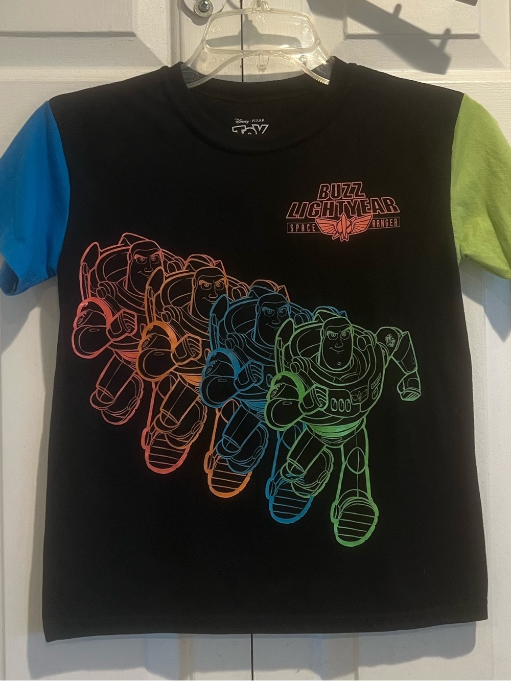 TOY STORY🖤Short Sleeve Tee -Black w Blue & Green Sleeves, Neon Buzz Lightyear